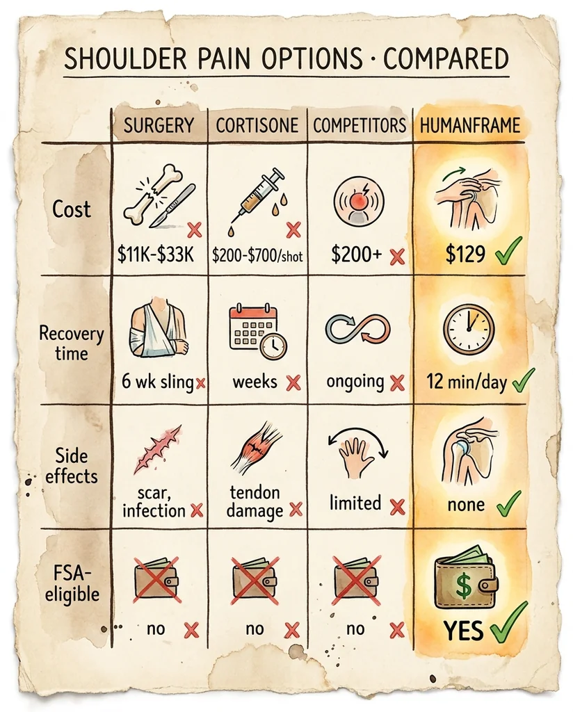 Comparison chart of four shoulder pain options — Surgery, Cortisone, Competitors, and HumanFrame — showing cost, recovery time, side effects, and FSA eligibility for each