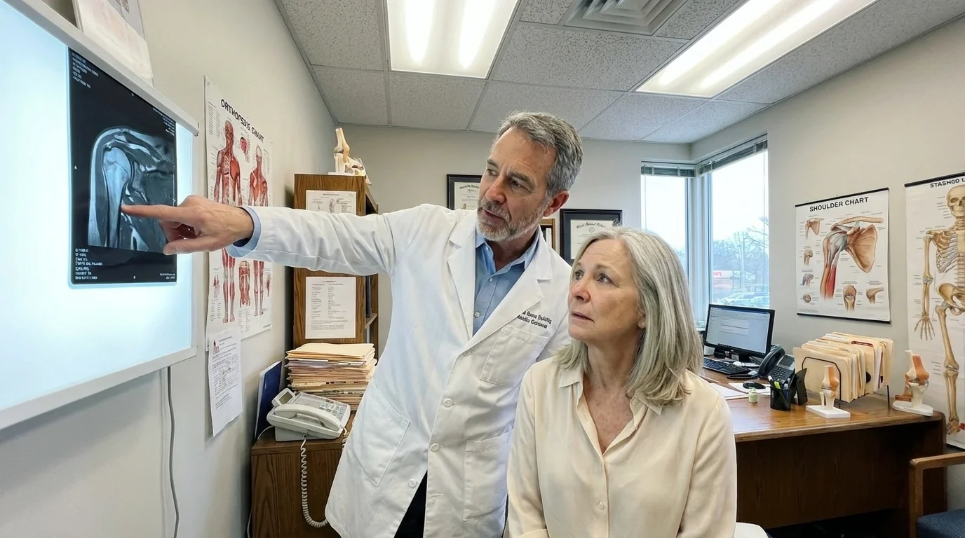 Dr. Blane Schilling reviewing a shoulder MRI with a patient in his clinic