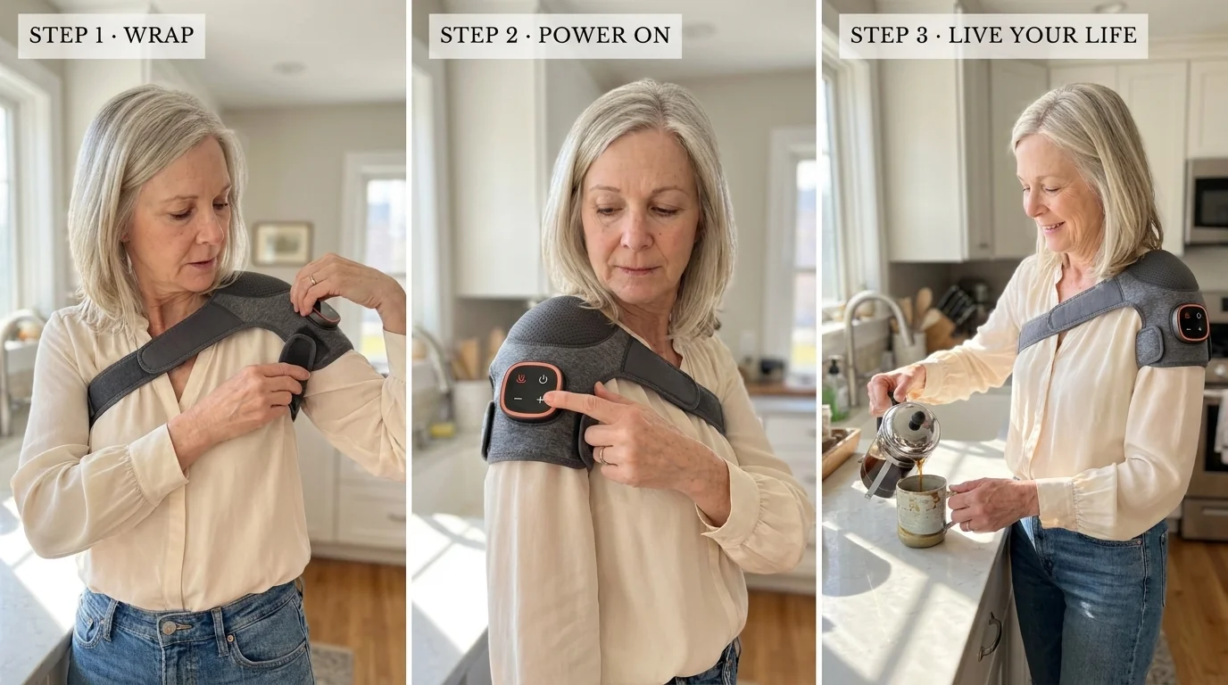 Three-panel sequence: Step 1 wrapping the HumanFrame device on the shoulder, Step 2 pressing the power button, Step 3 wearing it cordless while pouring morning coffee