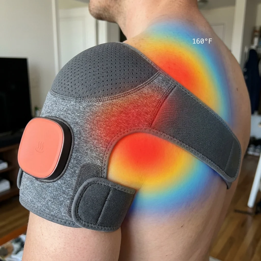 Thermal imaging close-up of the HumanFrame Triple Method Activator on a shoulder, showing the 160°F heat bloom radiating from the device into the skin and deeper tissue