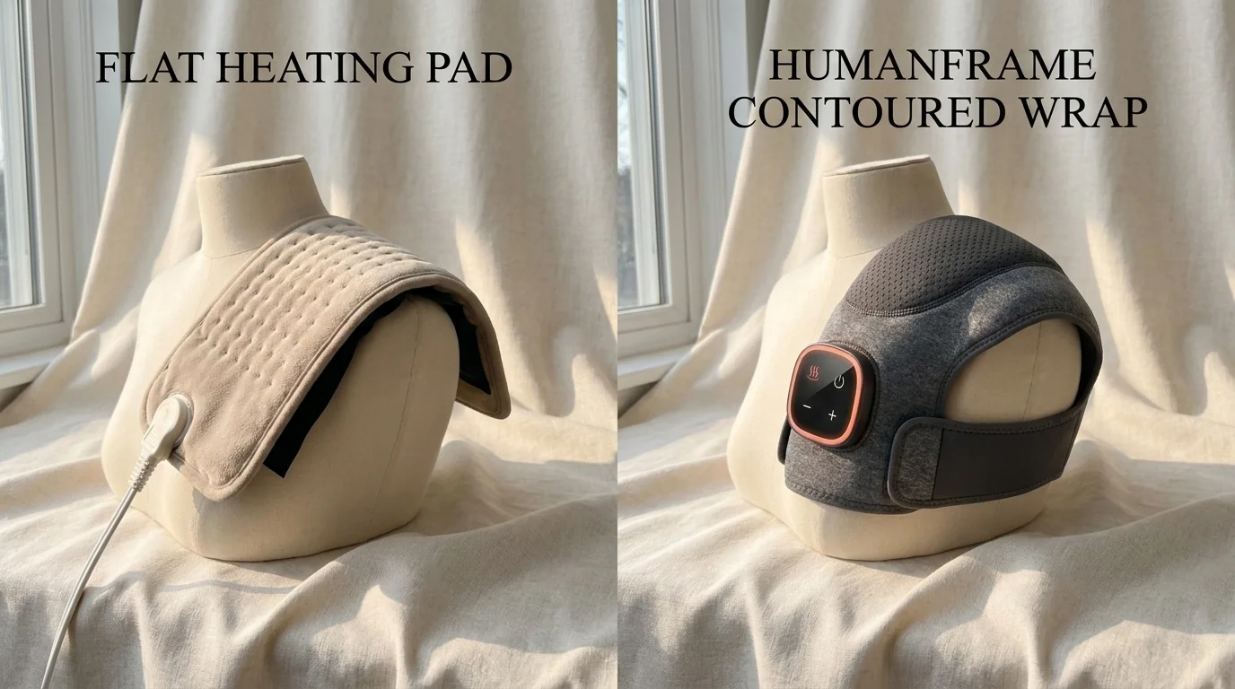 Side-by-side comparison: a flat heating pad with visible gaps against a curved shoulder, vs the HumanFrame contoured pressure wrap fitting snugly with no gaps