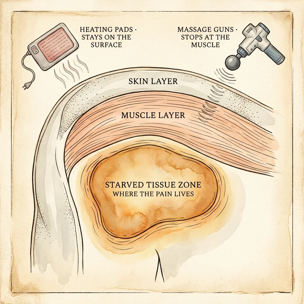Cross-section showing why heating pads stop at the skin and massage guns stop at the muscle layer, while the real shoulder pain lives deep in the starved tissue zone of the rotator cuff
