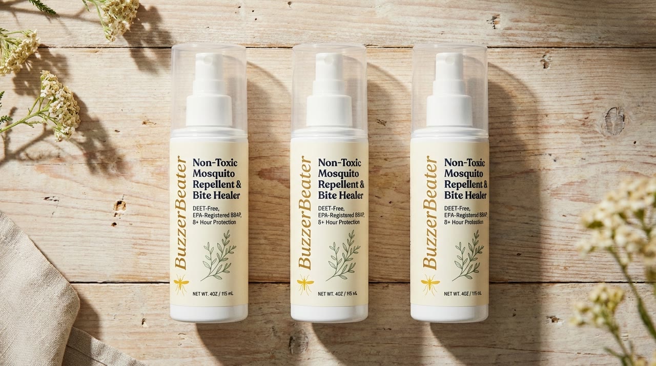 Three BuzzerBeater spray bottles labeled Dad, Maya and Boat