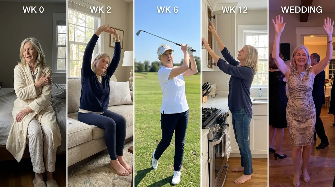 Five-panel recovery timeline showing the same patient at Week 0 wincing in pajamas, Week 2 in a cardigan reaching halfway, Week 6 mid golf swing on a driving range, Week 12 reaching overhead in her kitchen, and finally on a wedding dance floor with both arms raised