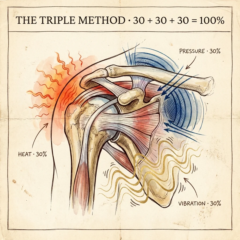 Anatomical illustration showing the Triple Method — heat at 30%, pressure at 30%, and vibration at 30% all converging on the rotator cuff together to reach 100% relief