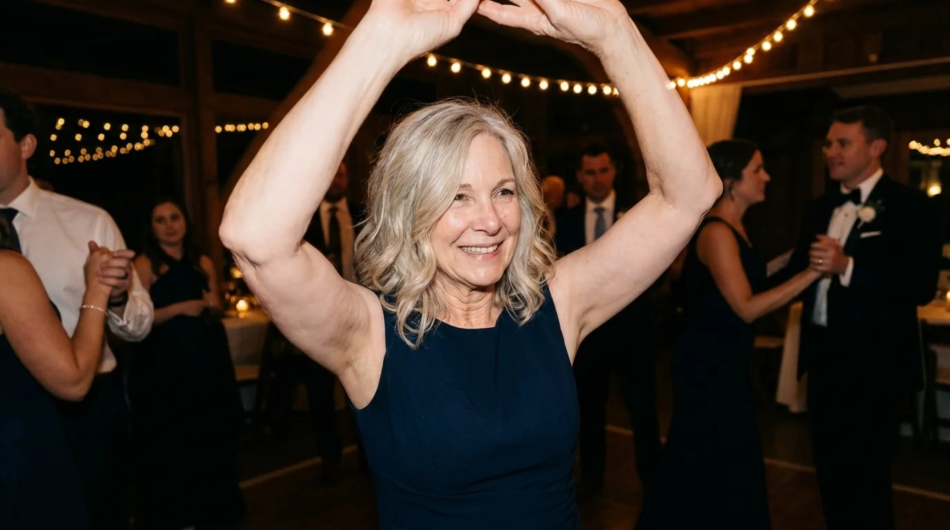 Jennifer hugging her daughter on the dance floor at the wedding &mdash; arms fully wrapped around her, pain-free for the first time in years