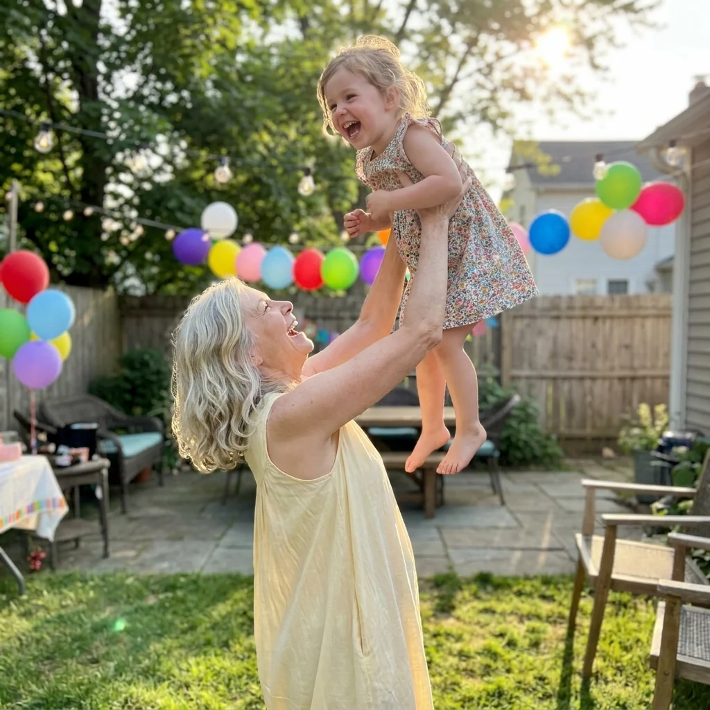 Jennifer hugging her granddaughter at her birthday party &mdash; full overhead reach without pain